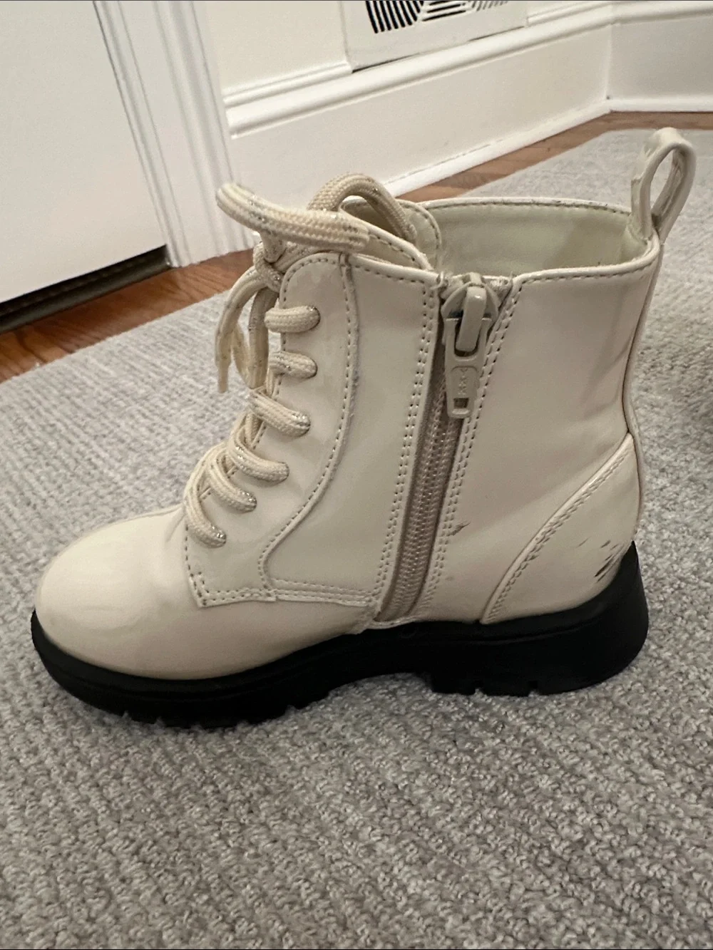 Kids Cream Lace-Up Combat Boots with Black Flower Accent